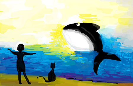 Картинка, нарисованная красками. Кит плавает в море. На берегу стоит девушка, рядом кошка, они наблюдают за китом
